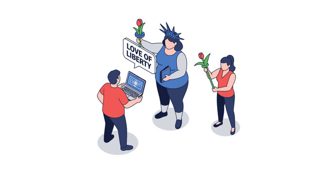 Isometric illustration of people with laptop and speech bubble, liberty concept.