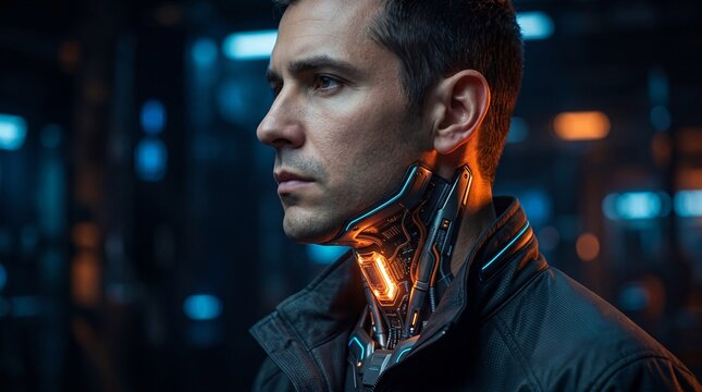 Side profile of a young man with futuristic cybernetic implants on his neck featuring glowing orange light in a dark high tech environment
