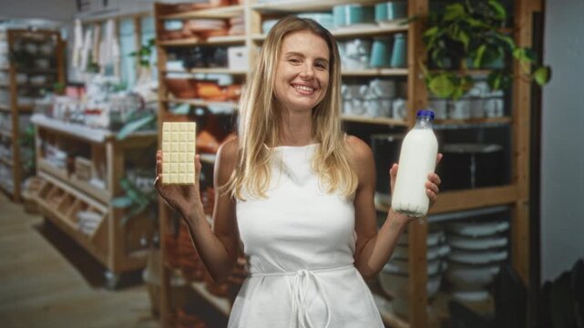 Woman holding white chocolate bar and glass milk bottle with blue cap, smiling and raising both hands in a shop building filled with kitchenware shelves; cozy comfort.
