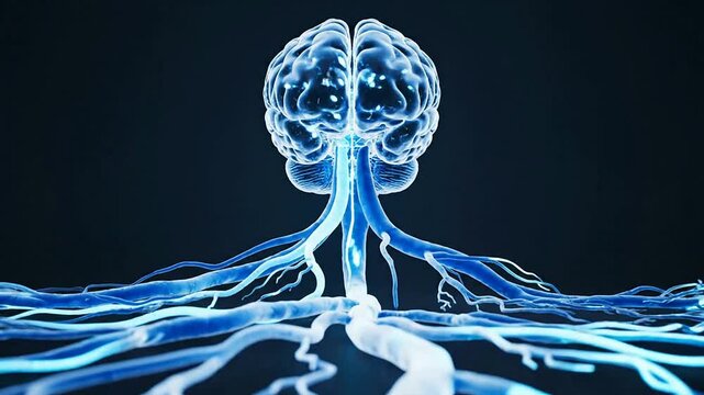 Abstract CGI Animation Visualization Of Nerve Innervation Concept Featuring Glowing Blue Brain And Neural Pathways In High Detail For Educational And Scientific Use