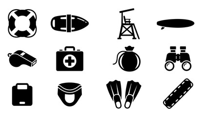 Lifeguard Equipment Silhouette Set – Rescue Gear, First Aid, Water Safety Icons © Mediasegment