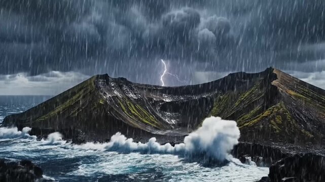 Violent storm hitting a rocky volcanic island in the middle of the ocean with heavy rain and a bright lightning strike against a dark sky