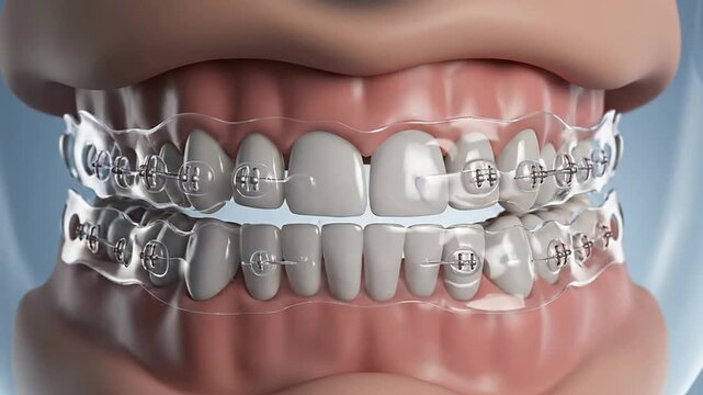 Abstract CGI Representation of Clear Aligner Stage Progression Showcasing Dental Arches and Transparency