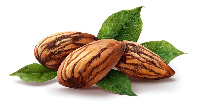 Almonds arranged with natural foliage highlight the organic appeal of raw nut snacking.