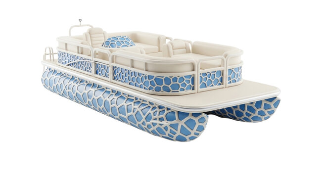 Modern pontoon boat with blue mosaic pattern