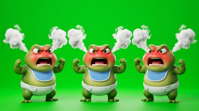Three Cartoon Frogs with Steam Coming from Their Heads.