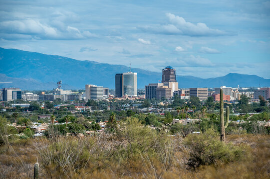 Tucson Arizona Skyline with Desert Foreground and Mountain Backdrop