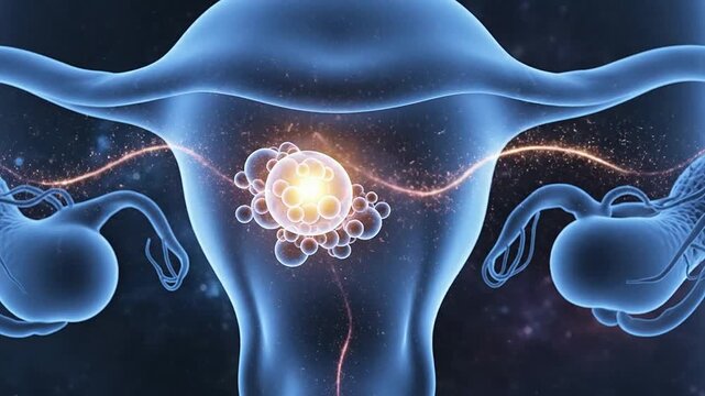 Abstract CGI Representation Of Human Uterus With Cellular Activity And Molecular Interactions, Focus On Fertilization And Reproduction In Vibrant Style