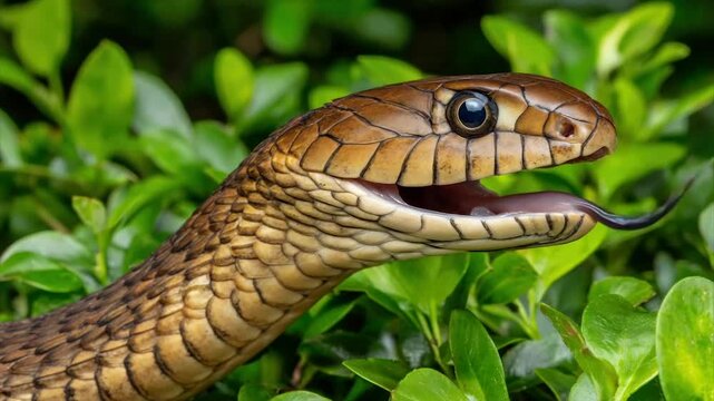 Close-up of a brown and tan snake with tongue extended, amidst green foliage