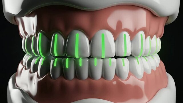 Abstract CGI Representation of Periodontal Charting Metaphor Featuring Detailed Human Jaw, Teeth, and Highlighted Gum Health in a Dark Background