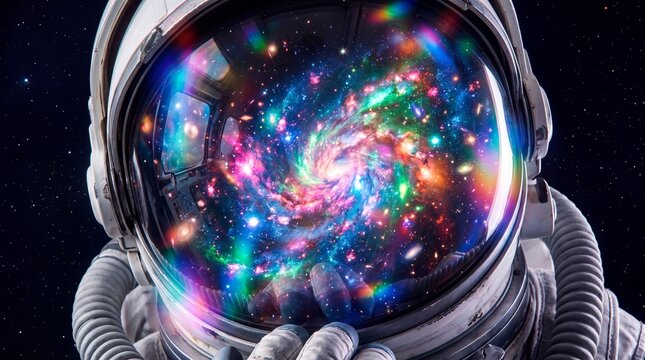 Close up of an astronaut helmet visor reflecting a colorful swirling galaxy with stars and nebula in deep space, concept of space exploration and universe