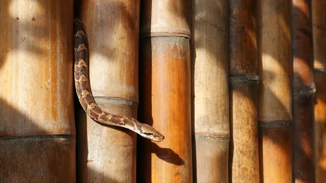 Snake slithers down bamboo stalks, partially concealed, lit by sunlight