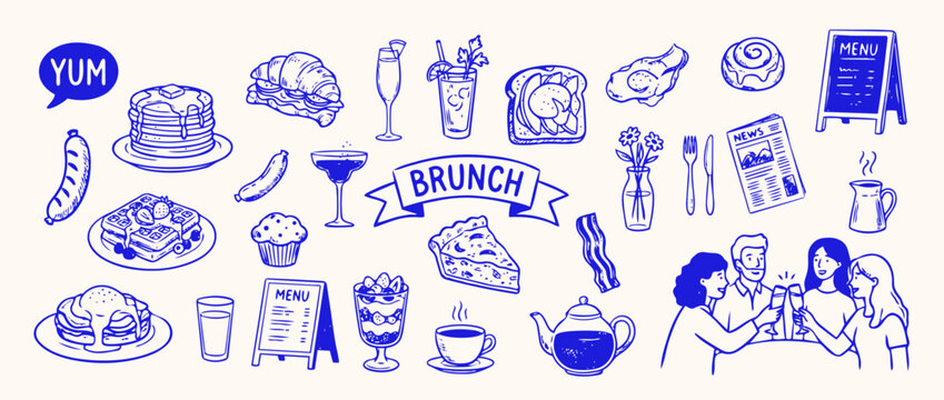 Brunch Delight: A collection of brunch delicacies, from fluffy pancakes to savory bacon, alongside a menu board, inviting all to a delightful meal.
