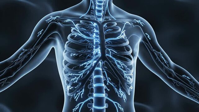 Abstract CGI Representation of the Human Anatomy Showcasing the Vascular System and Meditative States on a Dark Background