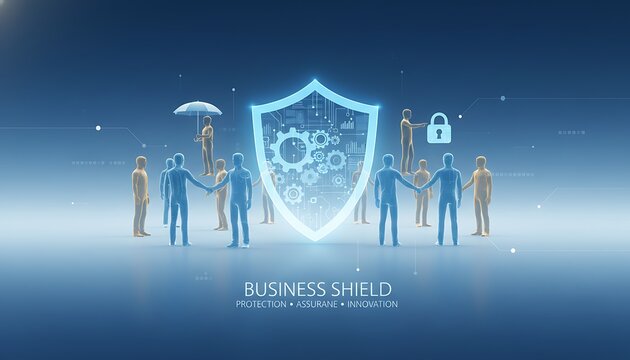 Futuristic Shield Protecting Diverse Team in Digital Network