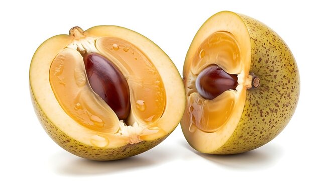 Marula fruit cut open to reveal seed and pulp on white background