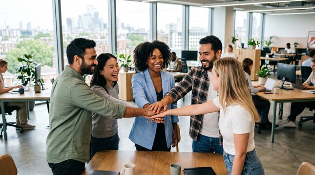 Diverse team joining hands together during a meeting.