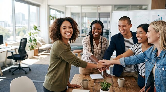 Diverse team joining hands together during a meeting.