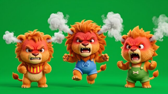 Three Cartoon Lions Displaying Anger and Frustration with Steam.