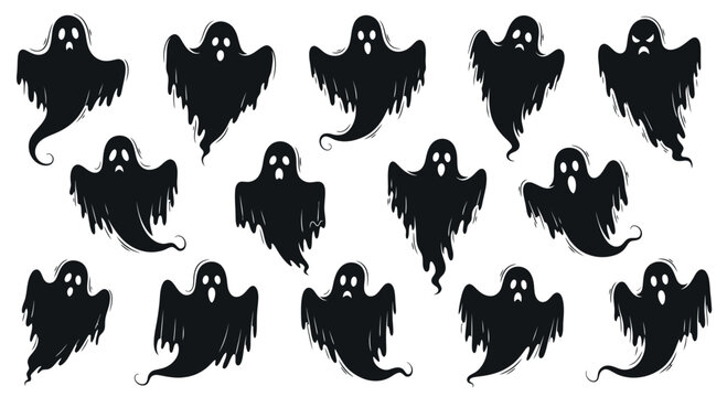 Spooky Halloween Ghost Collection, Black Silhouettes on White Background