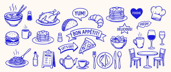 Culinary Collage: A delightful assortment of culinary elements, each meticulously sketched to represent a diverse array of delectable foods and dining experiences. © Saiid-Designs