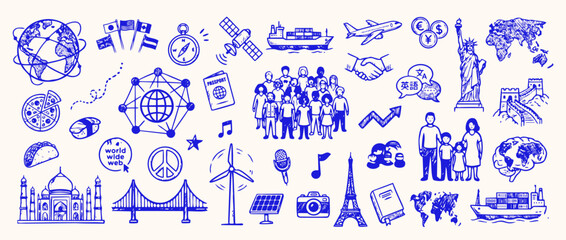 Obraz premium Global Connectivity Sketch: A vibrant illustration showcasing the interconnectedness of world, featuring elements like landmarks, technology, and global communities.