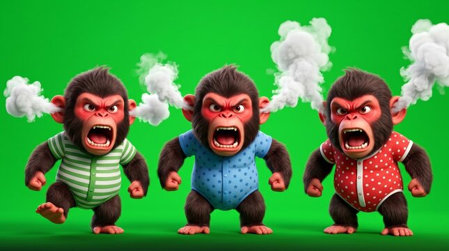 Three Cartoon Monkeys Displaying Anger and Frustration with Steam.