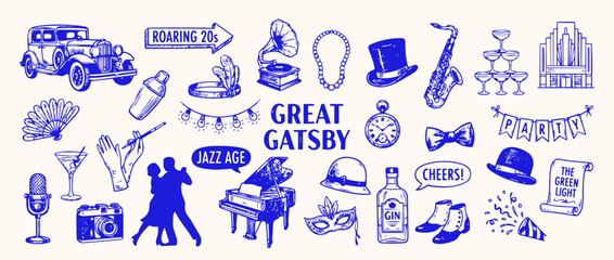 Flapper Era Icons: A collection of vintage illustrations, capturing the essence of the Roaring Twenties, showcasing the iconic symbols of the Jazz Age, including flapper era. © Saiid-Designs