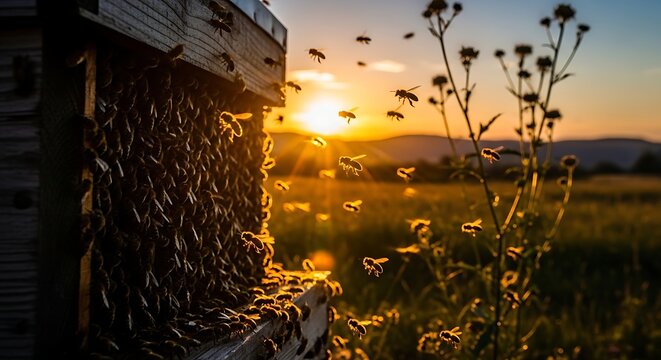 Honey bees flying around a wooden beehive at sunset in a rural field.