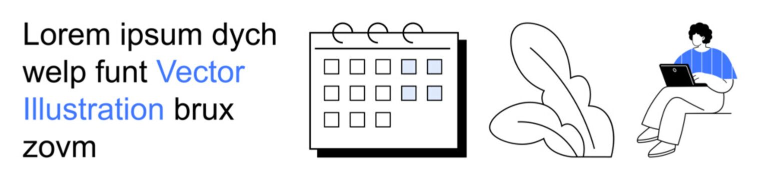 Productivity, remote work, scheduling, time management, lifestyle balance, organization. A calendar, a seated person with a laptop and a plant. Productivity and remote work in focus