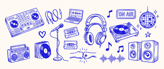 Musical Elements Illustrated: A captivating illustration showcases an assortment of musical elements. This artistic composition is a visual ode to music, sound, and the creative spirit behind it. © Saiid-Designs