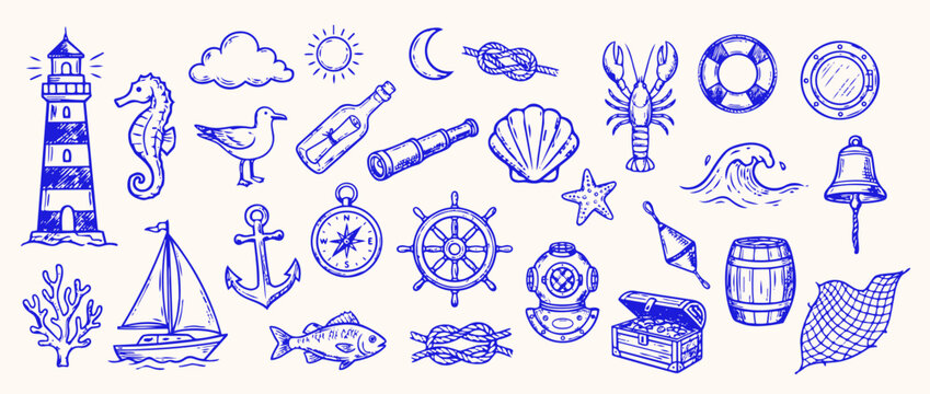 Nautical Elements: A collection of hand-drawn nautical elements, sketched in blue ink, that capture the essence of the sea and seafaring adventure.