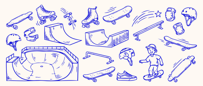 Skateboarding Elements Collection: Hand-drawn illustrations of skateboarding equipment and skate park elements, depicting the dynamic spirit of skateboarding.