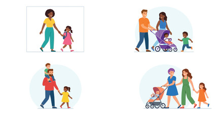 Fototapeta premium Diverse families walking together flat vector illustration