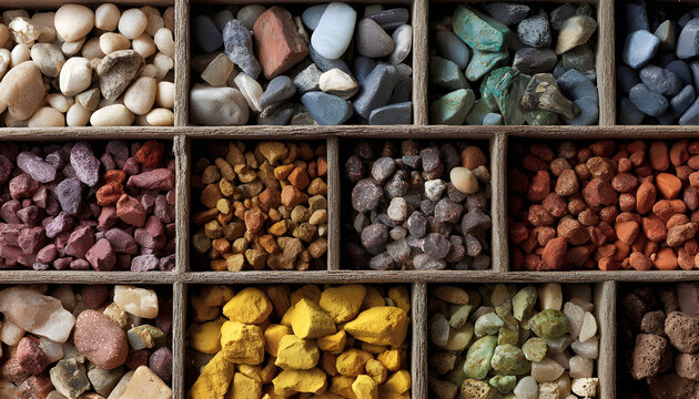Gravel Display: A macro perspective of a range of raw materials, including diverse stone types, each showcasing a variety of unique natural textures and vibrant, earthy hues.