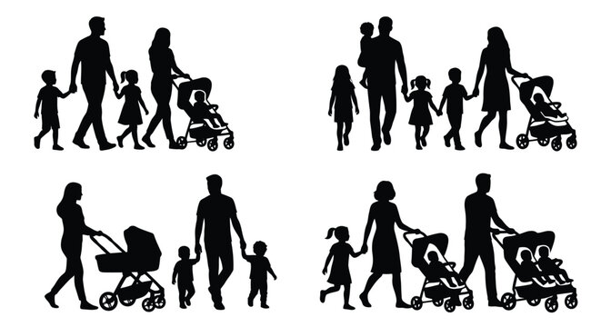 family silhouettes with strollers and children black and white