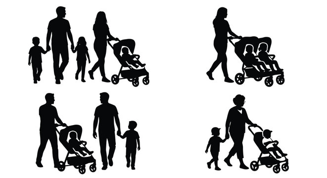 family silhouettes walking with strollers black and white