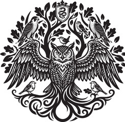 Obraz premium Vintage black and white tattoo design element featuring a tribal eagle wing silhouette and a floral skull pattern as a vector illustration emblem