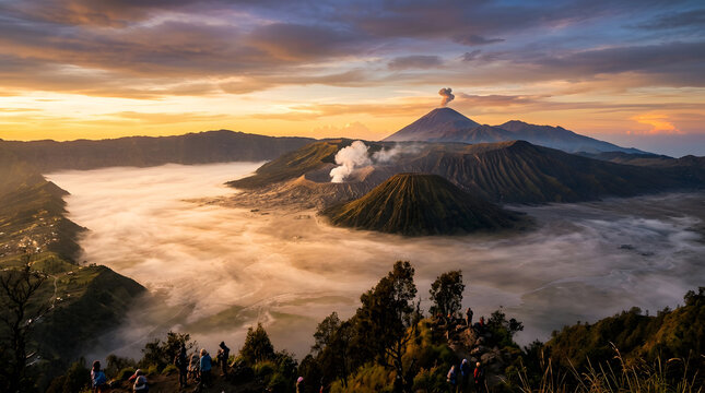 Sunrise over Mount Bromo volcano with fog and tourists