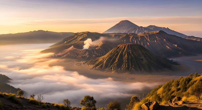 Sunrise over Mount Bromo volcano with sea of clouds