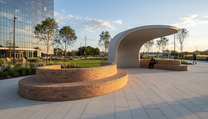 Obraz premium Modern Outdoor Plaza with Curved Brick Seating and Sheltered Seating Area