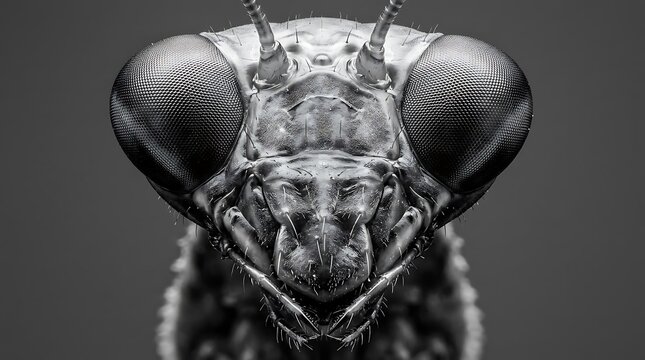 Macro portrait of a praying mantis head in black and white