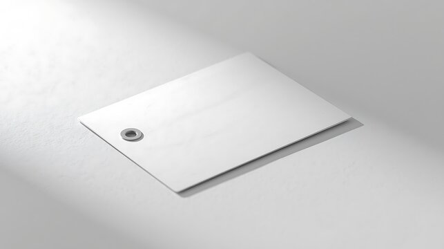 Blank white card with metal grommet casting a shadow on a textured surface