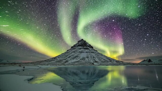 Time lapse of aurora borealis over Kirkjufell mountain in Iceland during a clear night with stars and reflections
