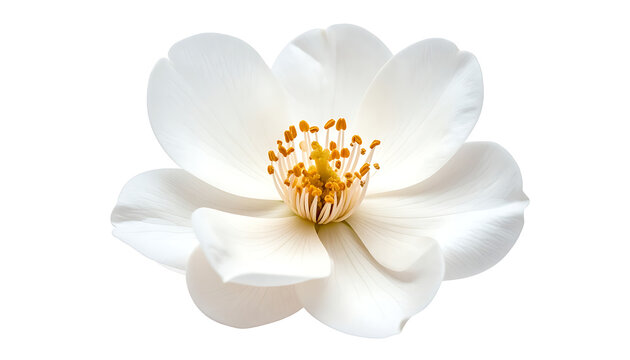 Delicate white camellia flower with intricate yellow stamen and soft petals, isolated on white background, perfect for spring or nature designs