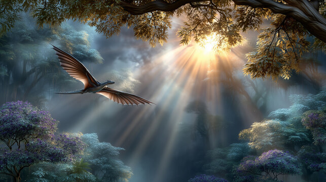 A dark, winged dragon glides through a mystical, fog-shrouded forest as sunbeams pierce through the dense canopy of ancient trees.