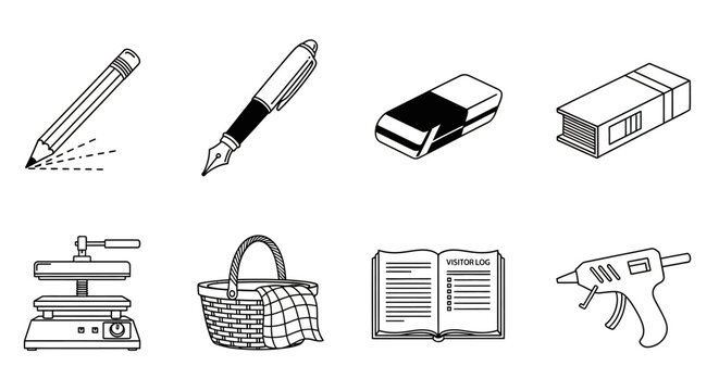 Collection of stationery and craft supplies including a pencil, fountain pen, eraser, book, stapler, basket, open book, and hot glue gun for artistic creation and organization
