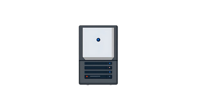 Desktop computer tower viewed from above, stylized flat illustration with status lights, modern technology and computing icon