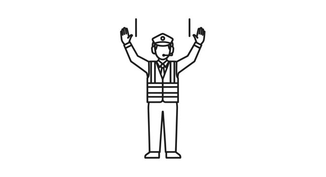 Dedicated airport ground crew worker (marshaller) in uniform and vest, giving signals with hands up and holding batons, detailed line art isolated on white background.