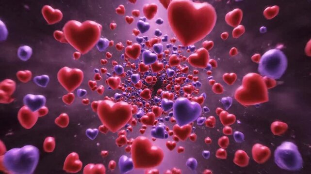 Camera moves through heart shapes in a colorful loop with vibrant colors and dynamic patterns